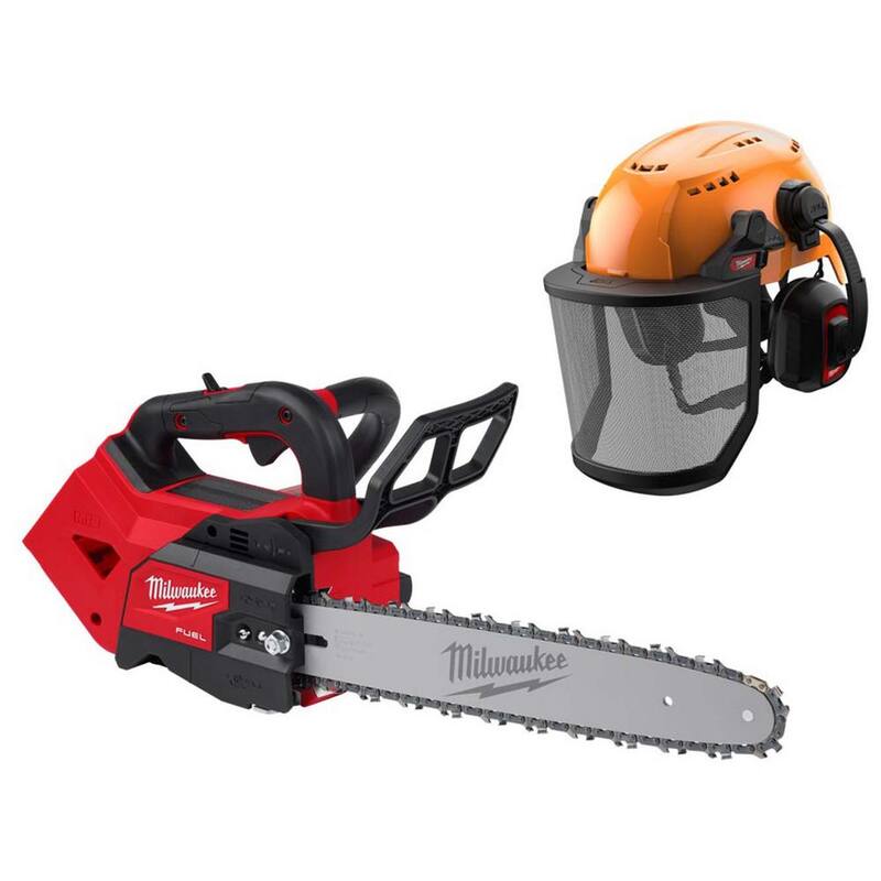 Milwaukee M18 FUEL 14 in. 18V Cordless Top Handle Chainsaw w/BOLT Orange Type 2 Class C Vented Helmet, Earmuffs, Mesh Face Shield - 2826-20T-48-73-1312- 48-73-3251-48731430