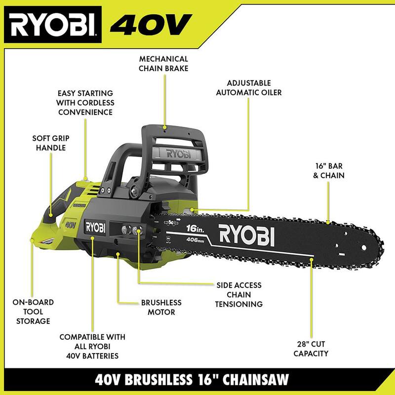 RYOBI 40V HP Brushless 16 in. Battery Chainsaw and 10 in. Battery Pole Saw with 4.0 Ah Battery and Charger - RY40550-PS​