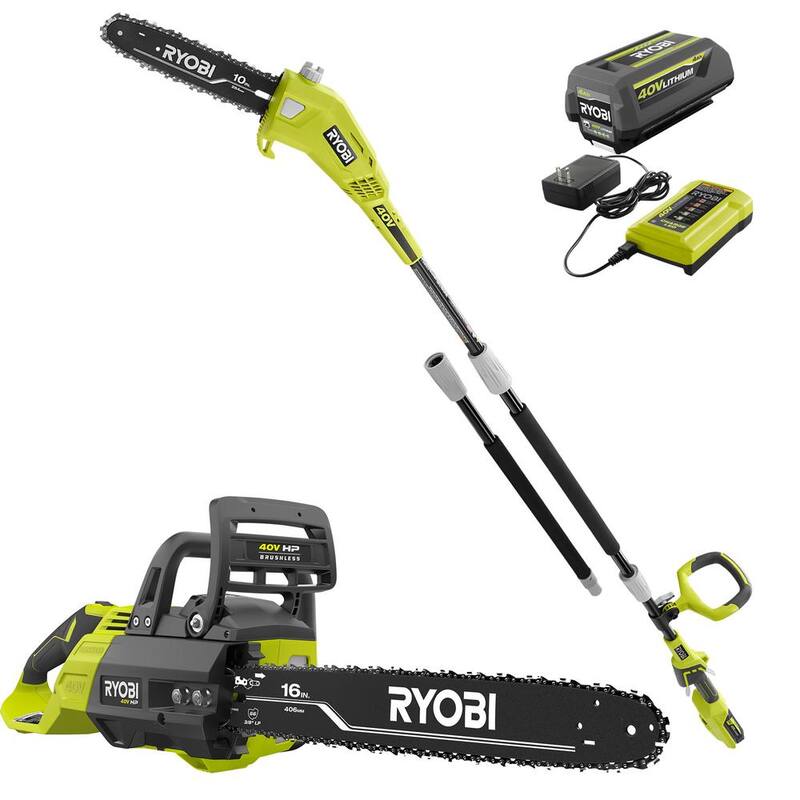 RYOBI 40V HP Brushless 16 in. Battery Chainsaw and 10 in. Battery Pole Saw with 4.0 Ah Battery and Charger - RY40550-PS​