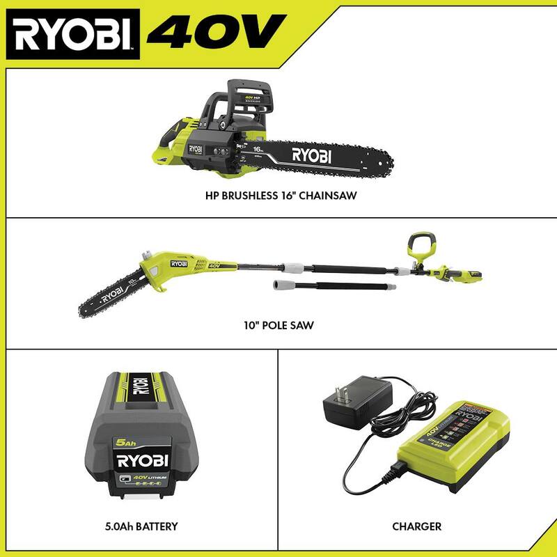 RYOBI 40V HP Brushless 16 in. Battery Chainsaw and 10 in. Battery Pole Saw with 4.0 Ah Battery and Charger - RY40550-PS​