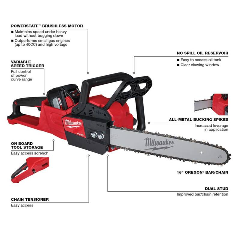 Milwaukee M18 FUEL 16 in. 18V Lithium-Ion Battery Brushless Cordless Chainsaw Kit w/12.0 Ah Battery, Charger, Chainsaw Case - 2727-21HD-49-16-2747