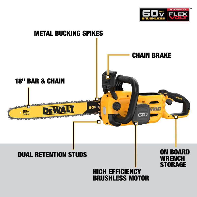 DEWALT 60V MAX 18in. Brushless Battery Powered Chainsaw (Tool Only) with 18in. Chain - DCCS672BW1DT618