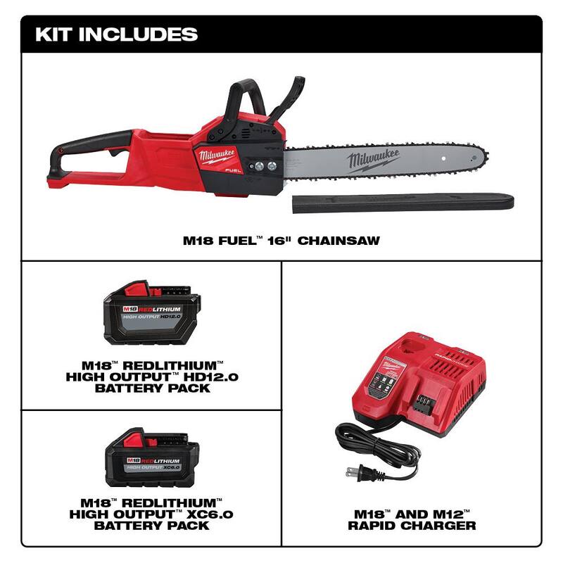 Milwaukee M18 FUEL 16 in. 18V Lithium-Ion Brushless Battery Chainsaw Kit with M18 High Output 6.0 Ah Battery - 2727-21HD-48-11-1865