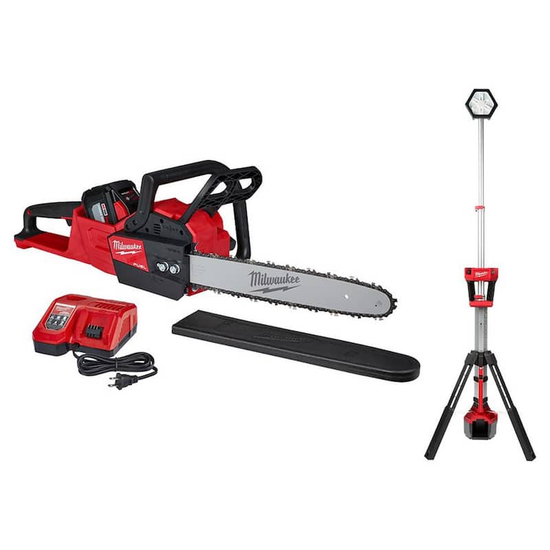 Milwaukee M18 FUEL 16 in. 18V Lithium-Ion Brushless Battery Chainsaw Kit and Tower Light Combo Kit (2-Tool) - 2727-21HD-2131-20
