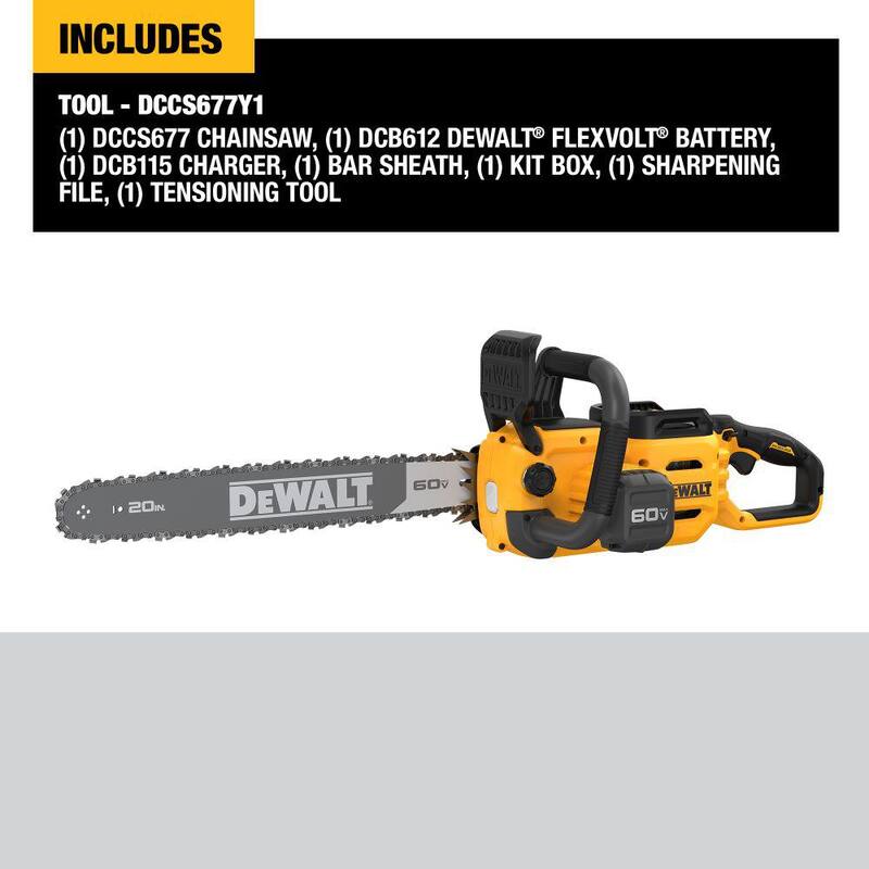 DEWALT 60V MAX 20in. Brushless Battery Powered Chainsaw Kit with (1) FLEXVOLT 4Ah Battery, Charger & Chain (68 Link) - DCCS677Y1WDT620