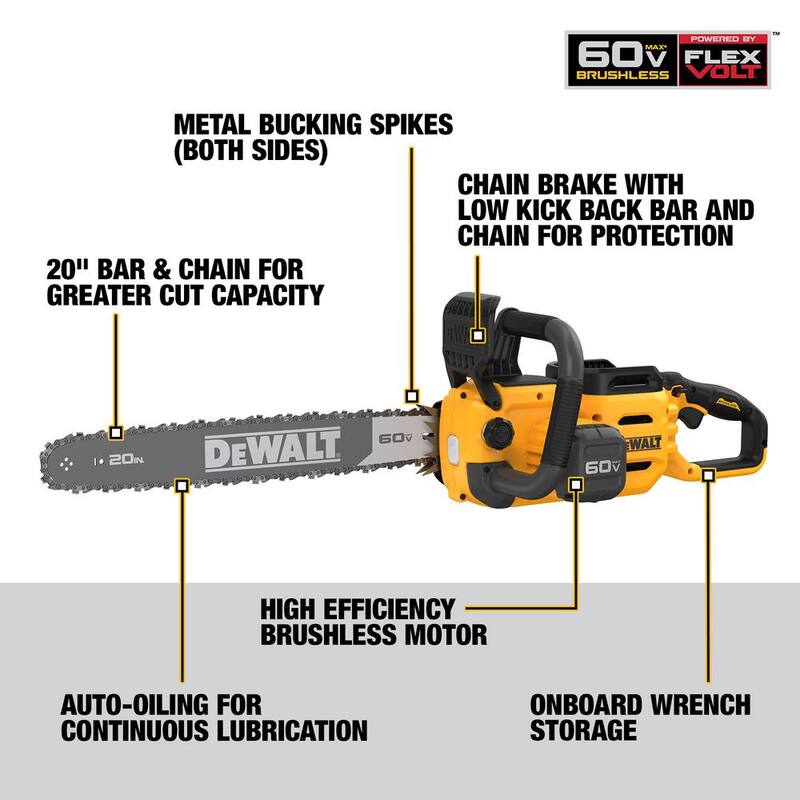 DEWALT 60V MAX 20in. Brushless Battery Powered Chainsaw Kit with (1) FLEXVOLT 4Ah Battery, Charger & Chain (68 Link) - DCCS677Y1WDT620