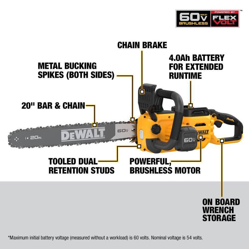 DEWALT 60V MAX 20in. Brushless Battery Powered Chainsaw Kit with (1) FLEXVOLT 4Ah Battery, Charger & Chain (68 Link) - DCCS677Y1WDT620