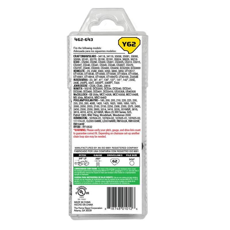 Powercare 18 in. Y62 Semi Chisel Chainsaw Chain - CL15062PC2