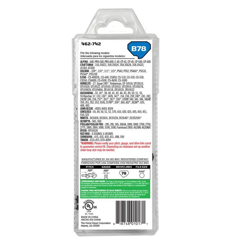 Powercare 20 in. B78 Semi Chisel Chainsaw Chain 78 Link - CL25078PC2