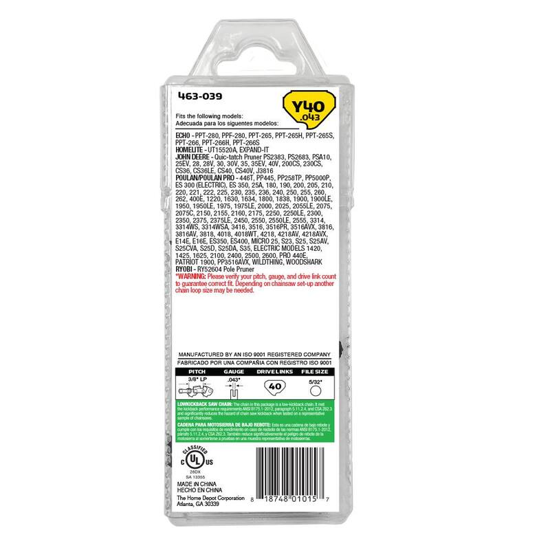 Powercare 10 in. Y40 .043 in. Semi Chisel Chainsaw Chain 40 Link - CL14340PC2