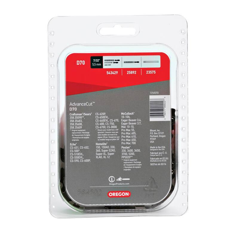 Oregon D70 Chainsaw Chain for 20 in. Bar Fits Echo, Homelite, McCulloch, Poulan, Craftsman, Makita, Skil and more - D70