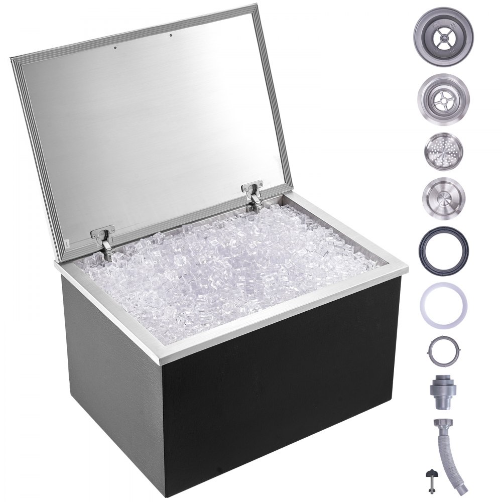 VEVOR Drop in Ice Chest, 28"L x 20"W x 17"H Stainless Steel Ice Cooler, Commercial Ice Bin with Hinged Cover, 40 qt Outdoor Kitchen Ice Bar, Drain-pipe and Drain Plug Included, for Cold Wine Beer - QRSCBCFG28LXCJKIIV0