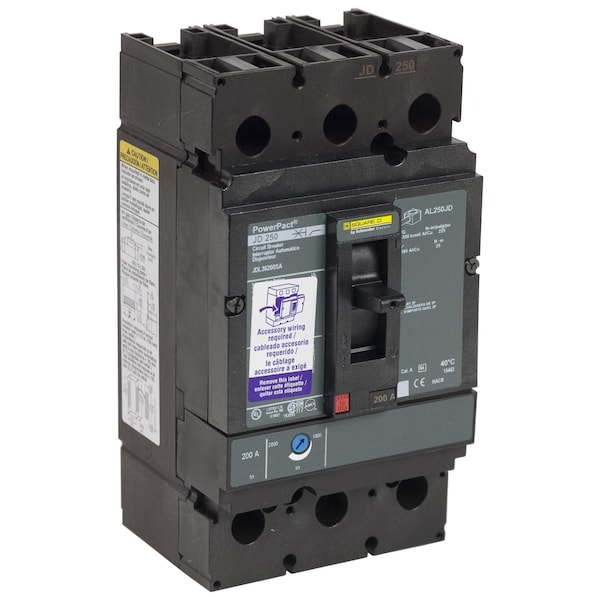 Square D Molded Case Circuit Breaker, JDL Series, 200A, 3 Pole, 600V AC, 25kA at 240V AC - JDL36200C