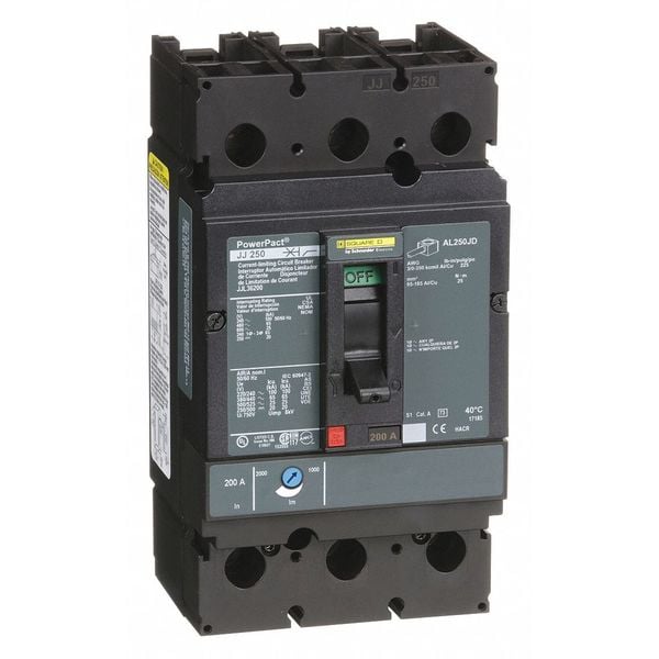 Square D Molded Case Circuit Breaker, JJL Series, 200A, 3 Pole, 600V AC, 100kA at 240V AC - JJL36200