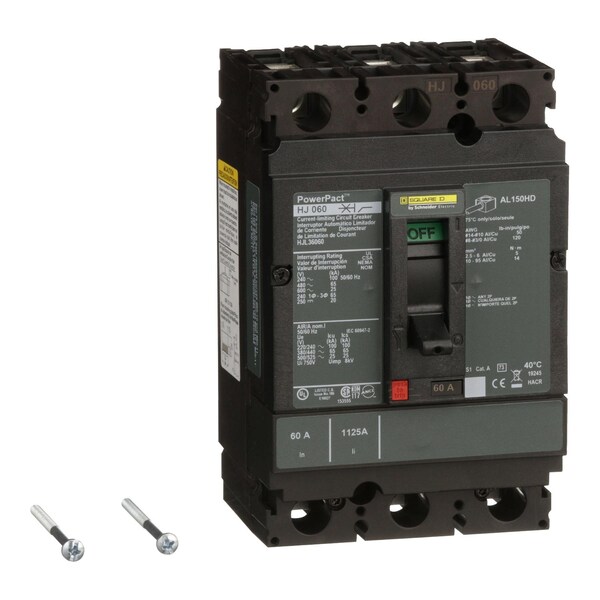 Square D Molded Case Circuit Breaker, HJL Series, 60A, 3 Pole, 600V AC, 100kA at 240V AC - HJL36060