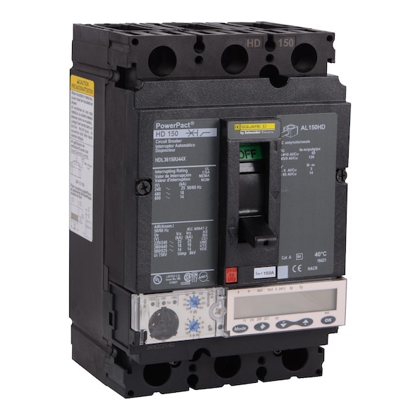 Square D Molded Case Circuit Breaker, HDL Series, 150A, 3 Pole, 600V AC, 25kA at 240V AC - HDL36150U44X