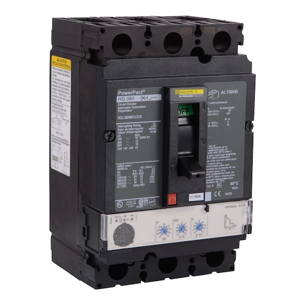 Square D Molded Case Circuit Breaker, HGL Series, 60A, 3 Pole, 600V AC, 65kA at 240V AC - HGL36060CU33X