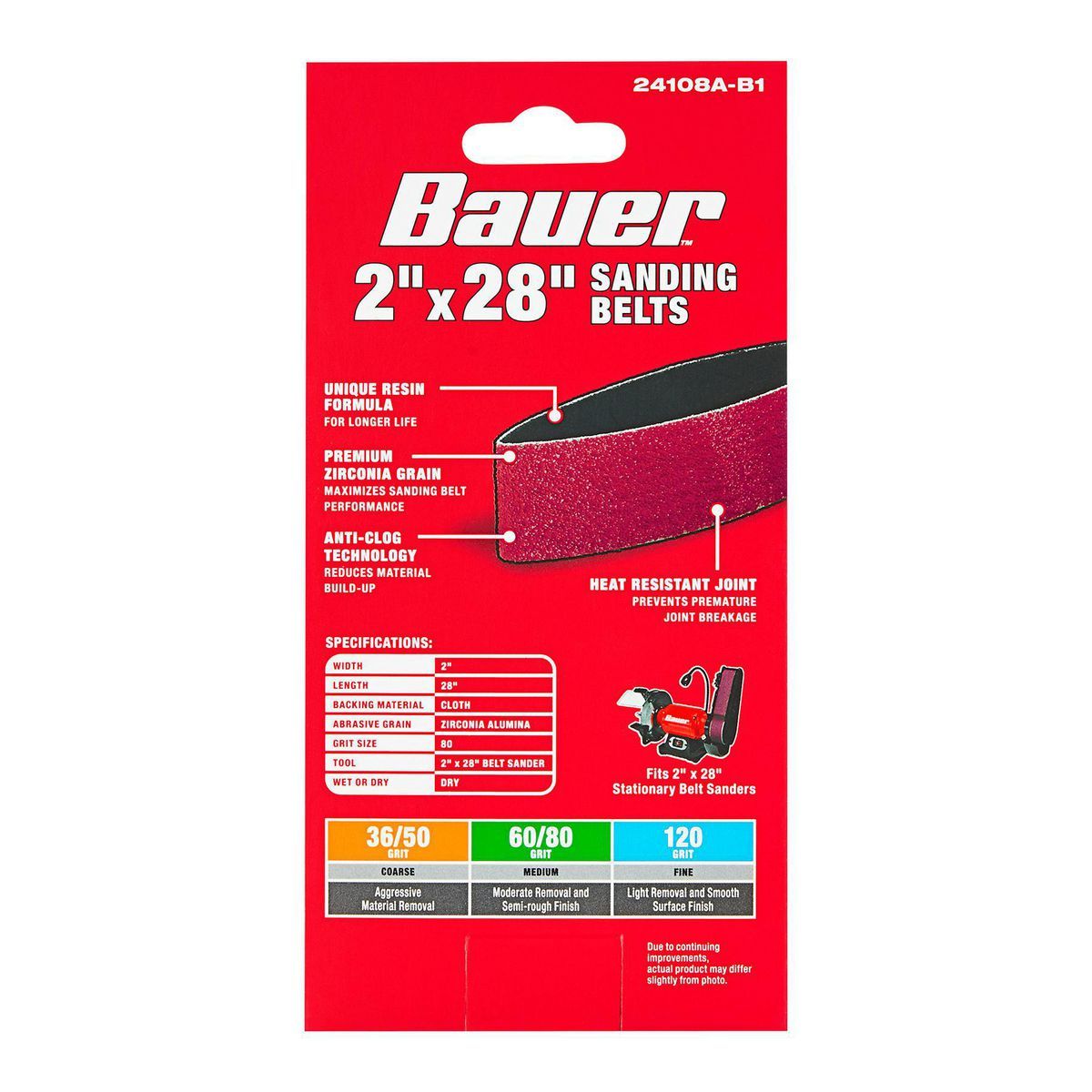 Banda de lija Bauer de 2 pulgadas x 28 pulgadas, grano 80 con grano de alúmina de circonio, paquete de 2 - 70619
