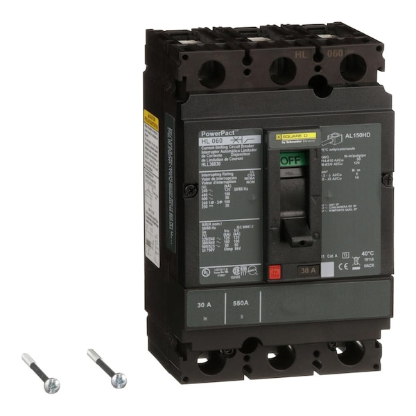 Square D Molded Case Circuit Breaker, HLL Series, 30A, 3 Pole, 600V AC, 125kA at 240V AC - HLL36030