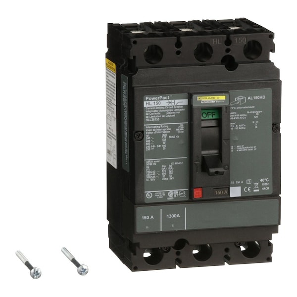 Square D Molded Case Circuit Breaker, HLL Series, 150A, 3 Pole, 600V AC, 125kA at 240V AC - HLL36150
