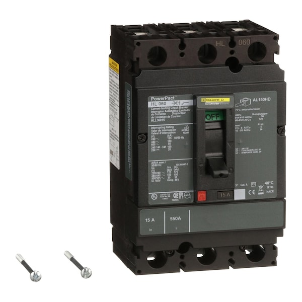 Square D Molded Case Circuit Breaker, HLL Series, 15A, 3 Pole, 600V AC, 125kA at 240V AC - HLL36015