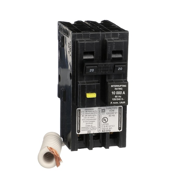 Square D Miniature Circuit Breaker, HOM Series, 20A, 2 Pole, 120/240V AC, 10kA, A Curve - HOM220GFIC