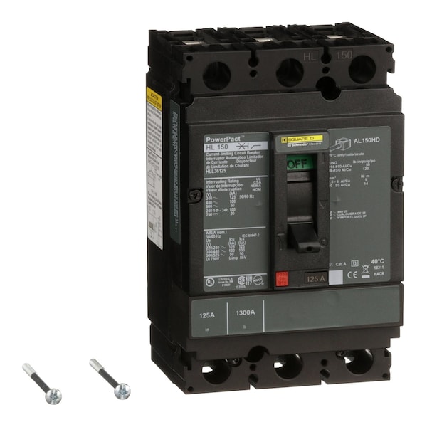 Square D Molded Case Circuit Breaker, HLL Series, 125A, 3 Pole, 600V AC, 125kA at 240V AC - HLL36125