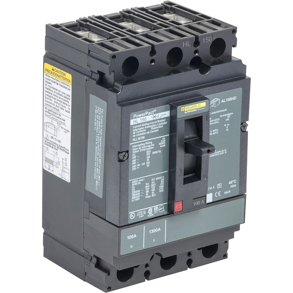 Square D Molded Case Circuit Breaker, HLL Series, 90A, 3 Pole, 600V AC, 125kA at 240V AC - HLL36090