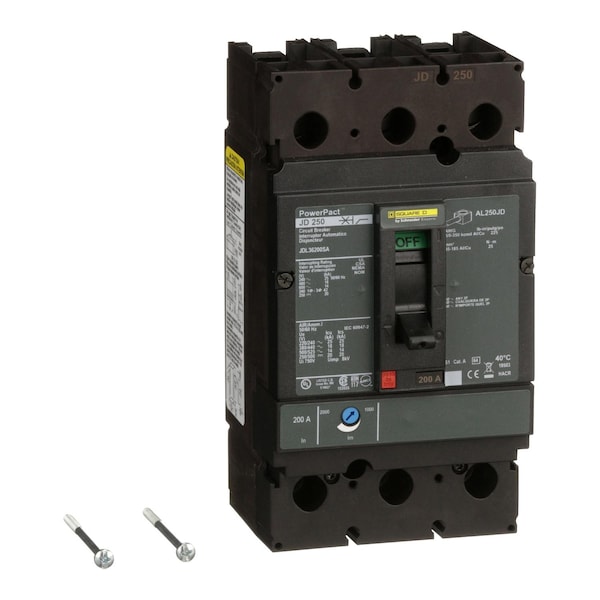 Square D Molded Case Circuit Breaker, JDL Series, 200A, 3 Pole, 600V AC, 25kA at 240V AC - JDL36200SA