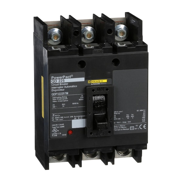 Square D Molded Case Circuit Breaker, QDP Series, 225A, 3 Pole, 240V AC, 25kA at 240V AC - QDP32225TM