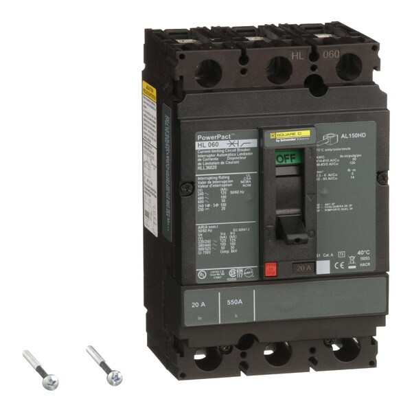 Square D Molded Case Circuit Breaker, HLL Series, 20A, 3 Pole, 600V AC, 125kA at 240V AC - HLL36020