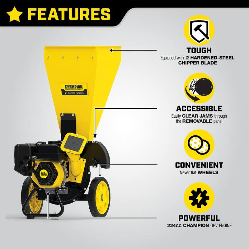 Champion Power Equipment 3 in. Dia 224 cc 2-in-1 Upright Gas Powered Wood Chipper Shredder - 200946