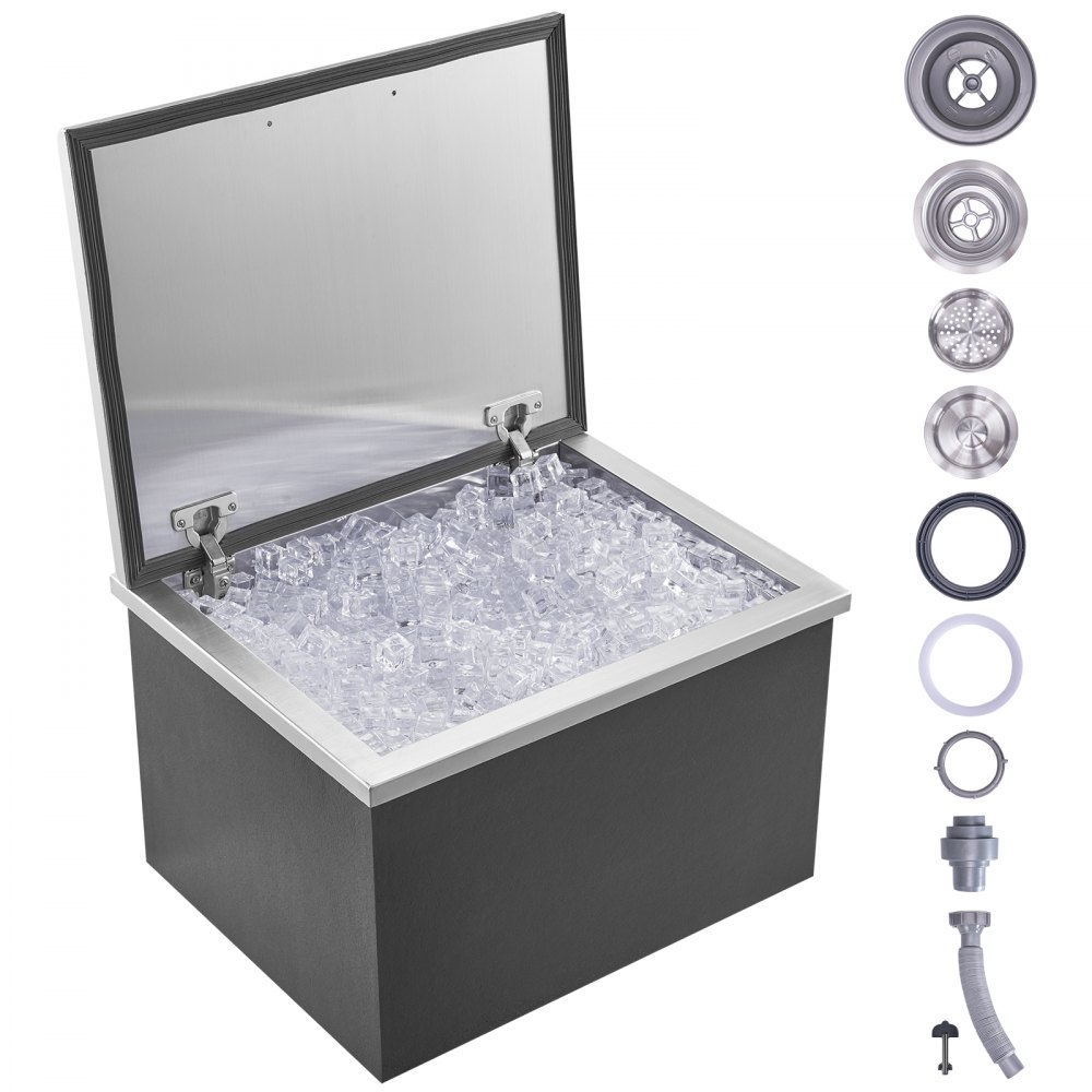 VEVOR Drop in Ice Chest, 20"L x 16"W x 13"H Stainless Steel Ice Cooler, Commercial Ice Bin with Hinged Cover, 40 qt Outdoor Kitchen Ice Bar, Drain-pipe and Drain Plug Included, for Cold Wine Beer - QRSCBCFG20LXPDP5CV0