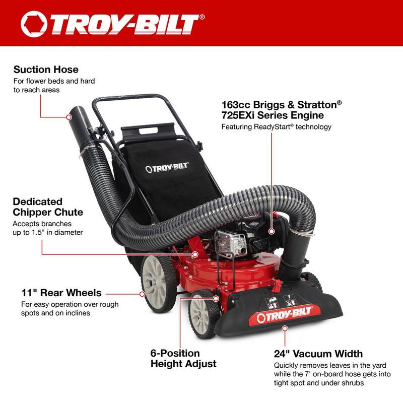 Troy-Bilt 24 in. Leaf Vacuum Head 1.5 in. Chipping Capacity Gas Powered Chipper Shredder Vacuum with High Rear Wheels - CSV060B