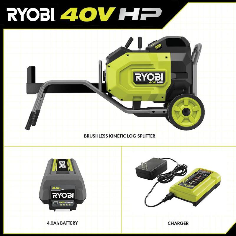 RYOBI 40V HP Brushless 12-Ton Kinetic Battery Electric Log Splitter Kit - 4.0Ah Battery and Charger Included - RY40740