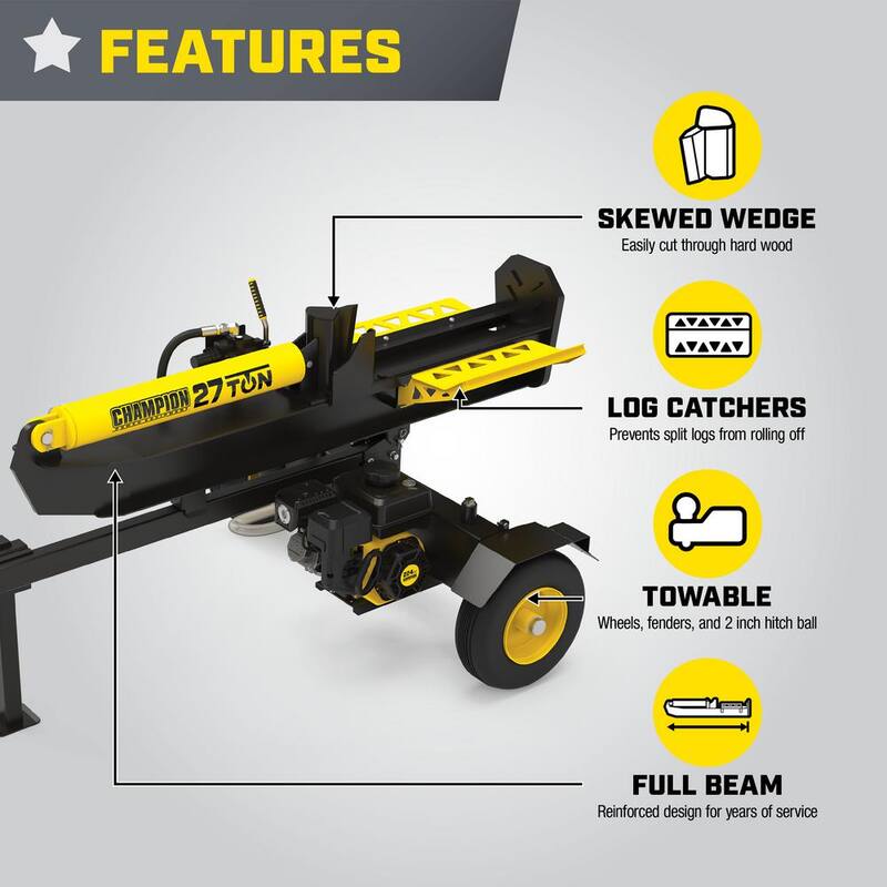 Champion Power Equipment 27 Ton 224 cc Gas Powered Hydraulic Wood Log Splitter w/Vertical/Horizontal Operation and Auto Return-with Hydraulic Oil - 100424