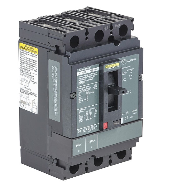 Square D Molded Case Circuit Breaker, HJL Series, 80A, 3 Pole, 600V AC, 100kA at 240V AC - HJL36080