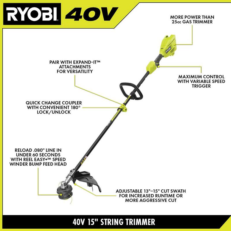 RYOBI 40V 15 in. Expand-It Cordless Battery Attachment Capable String Trimmer with 4.0 Ah Battery and Charger - RY40ST01K