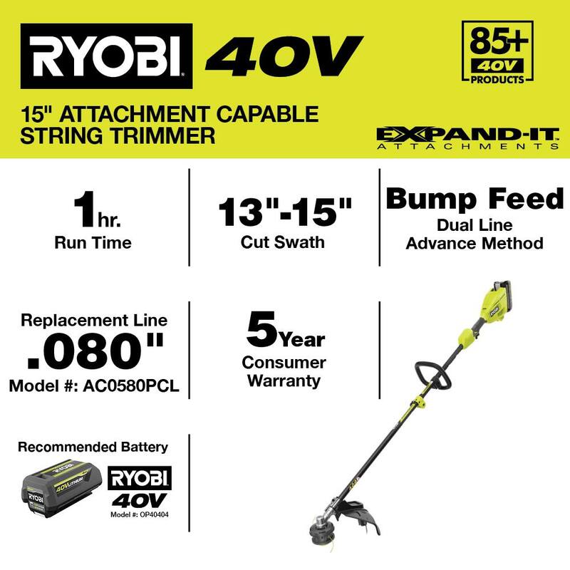 RYOBI 40V 15 in. Expand-It Cordless Battery Attachment Capable String Trimmer with 4.0 Ah Battery and Charger - RY40ST01K