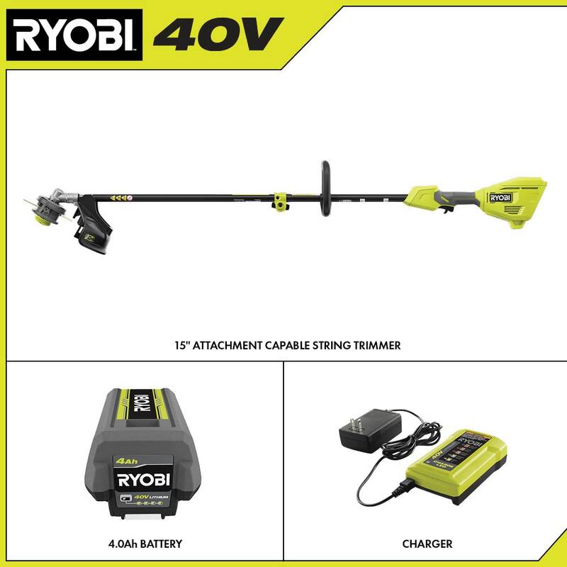 RYOBI 40V 15 in. Expand-It Cordless Battery Attachment Capable String Trimmer with 4.0 Ah Battery and Charger - RY40ST01K