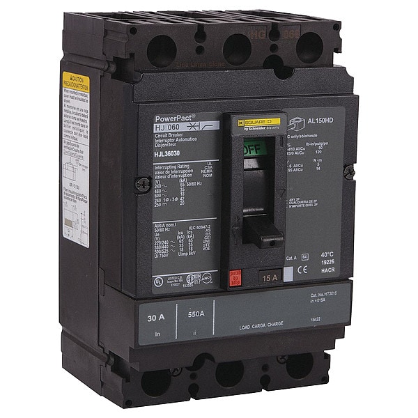 Square D Molded Case Circuit Breaker, HJL Series, 30A, 3 Pole, 600V AC, 100kA at 240V AC - HJL36030