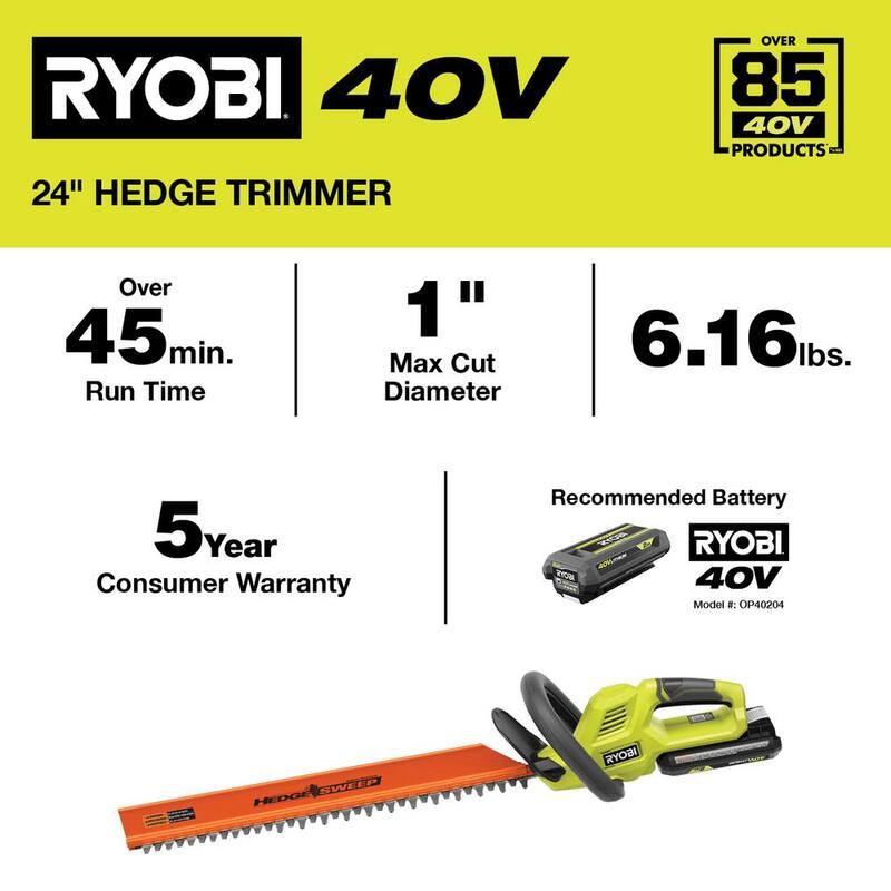 RYOBI 40V 24 in. Cordless Battery Hedge Trimmer with 2.0 Ah Battery and Charger - RY40HG01K