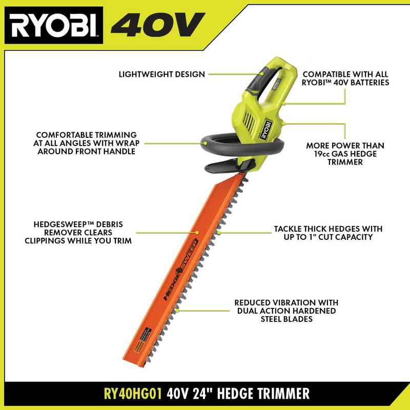 RYOBI 40V 24 in. Cordless Battery Hedge Trimmer with 2.0 Ah Battery and Charger - RY40HG01K