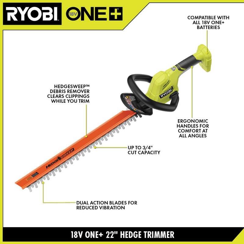 RYOBI ONE+ 18V 22 in. Lithium-Ion Cordless Hedge Trimmer (Tool Only) - P2609BTL