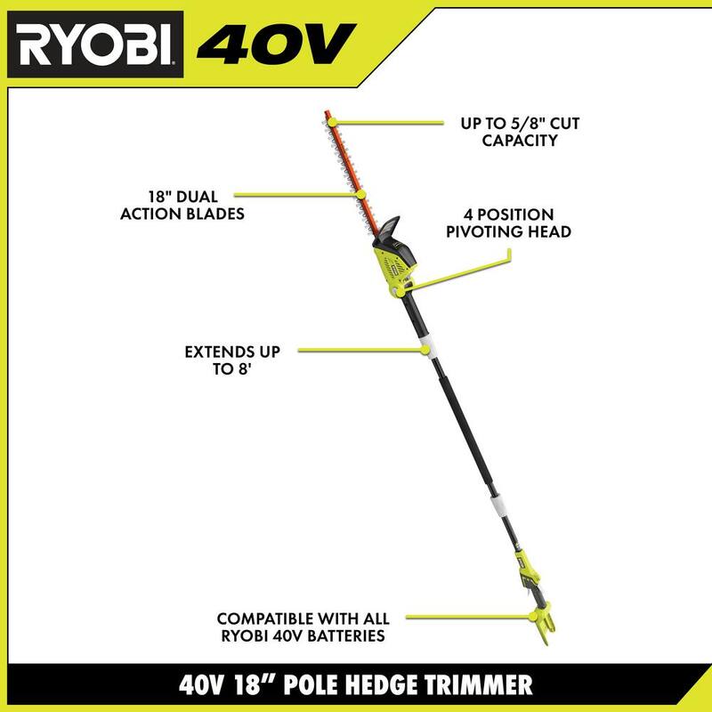 RYOBI 40V 18 in. Cordless Battery Pole Hedge Trimmer with 2.0 Ah Battery and Charger - RY40630