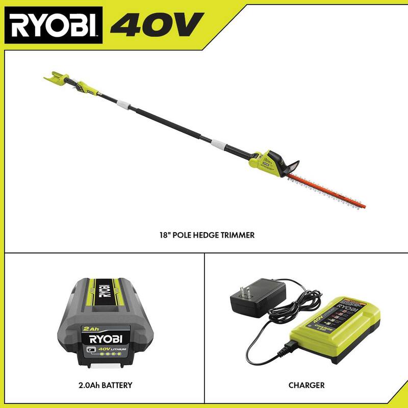 RYOBI 40V 18 in. Cordless Battery Pole Hedge Trimmer with 2.0 Ah Battery and Charger - RY40630
