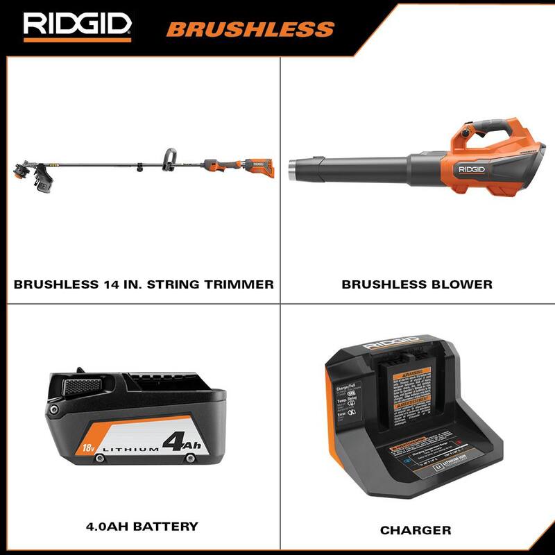 RIDGID 18V Brushless 14 in. Cordless Battery String Trimmer and Leaf Blower 2-Tool Combo Kit with 4.0 Ah Battery and Charger - R019001