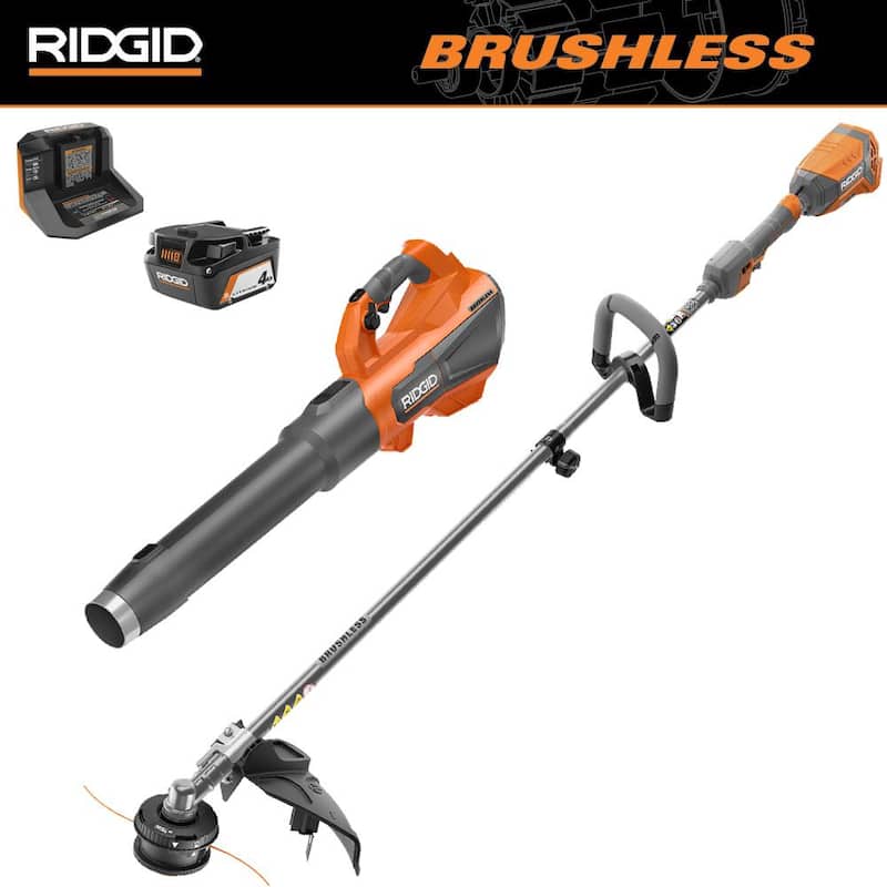 RIDGID 18V Brushless 14 in. Cordless Battery String Trimmer and Leaf Blower 2-Tool Combo Kit with 4.0 Ah Battery and Charger - R019001
