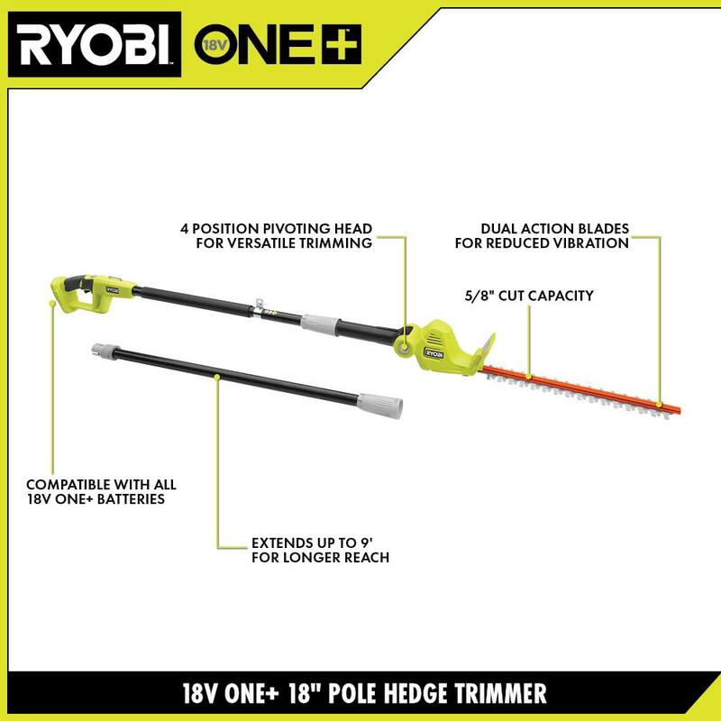 RYOBI ONE+ 18V 18in. Cordless Battery Pole Hedge Trimmer (Tool Only) - P26010BTL