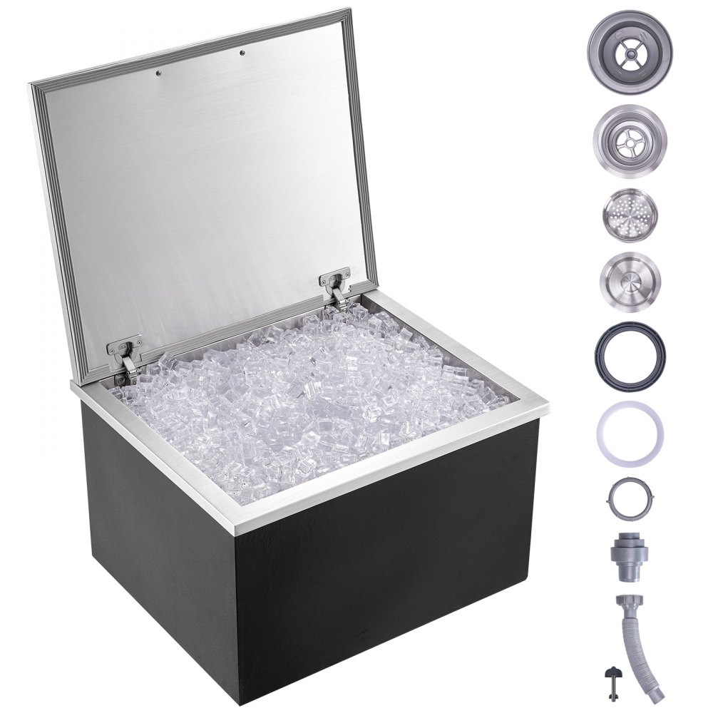 VEVOR Drop in Ice Chest, 28"L x 16"W x 17"H Stainless Steel Ice Cooler, Commercial Ice Bin with Hinged Cover, 40 qt Outdoor Kitchen Ice Bar, Drain-pipe and Drain Plug Included, for Cold Wine Beer - QRSCBCFG28LXBJ5RTV0
